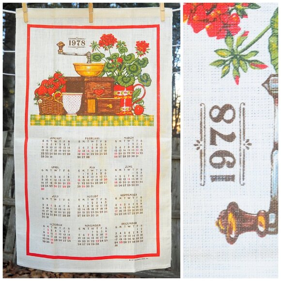 VTG 1978 Hallmark Linen Calendar Towel Kitchen Design, Geraniums & Strawberries - Picture 1 of 8